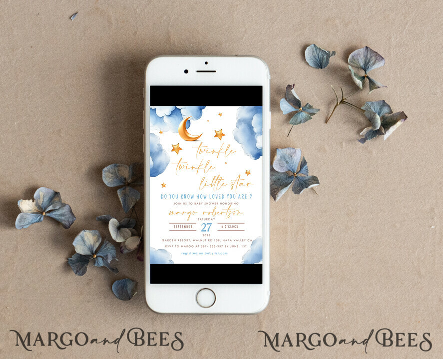 TEMPLETT baby shower Editable Twinkle Little Star Baby Boy Shower Invitation Template, Moon Stars Blue Invite Instant Download Wait Diaper Raffle Books Invites