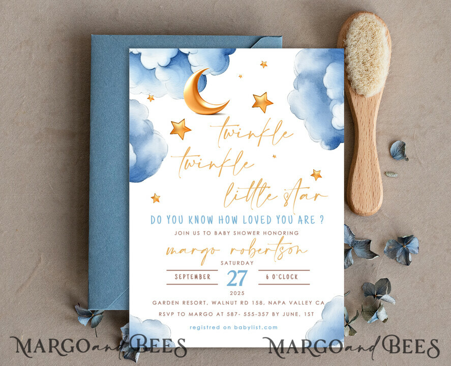 TEMPLETT baby shower Editable Twinkle Little Star Baby Boy Shower Invitation Template, Moon Stars Blue Invite Instant Download Wait Diaper Raffle Books Invites