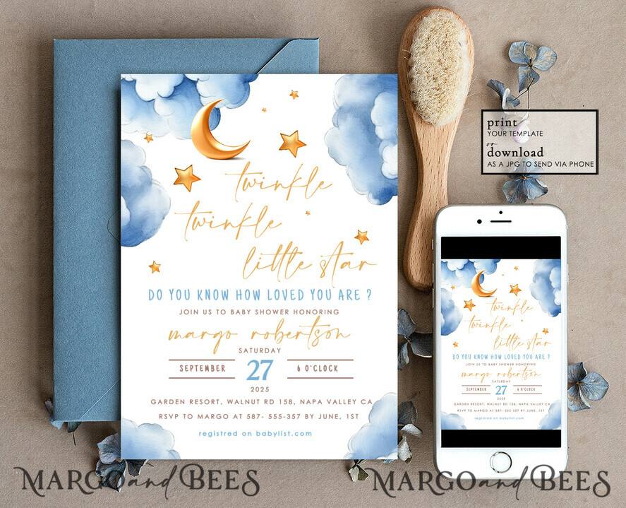 TEMPLETT baby shower Editable Twinkle Little Star Baby Boy Shower Invitation Template, Moon Stars Blue Invite Instant Download Wait Diaper Raffle Books Invites