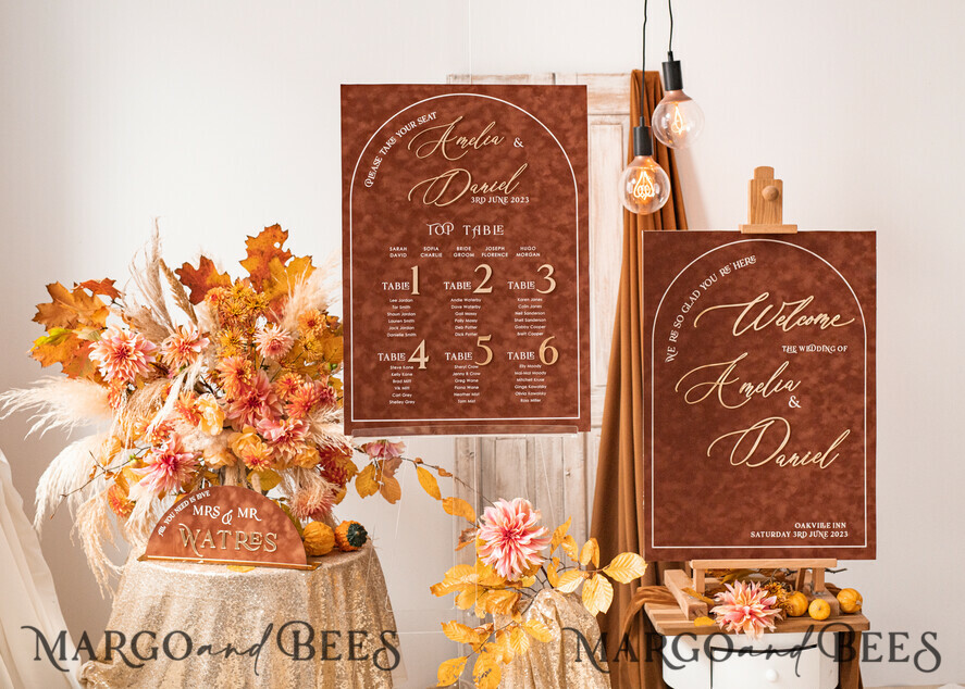 TABLE PLANS AND WEDDING WELCOME SIGNS plexi gold / velvet Fall Wedding Welcome Sign, Luxury Velvet Rust Wedding Welcome Sign, Golden Wedding Decor, Personalised Rust Wedding Sign, Wedding Reception Set, Autumn Welcome Wedding Board