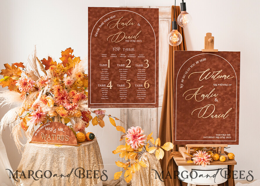 TABLE PLANS AND WEDDING WELCOME SIGNS plexi gold / velvet Fall Wedding Welcome Sign, Luxury Velvet Rust Wedding Welcome Sign, Golden Wedding Decor, Personalised Rust Wedding Sign, Wedding Reception Set, Autumn Welcome Wedding Board