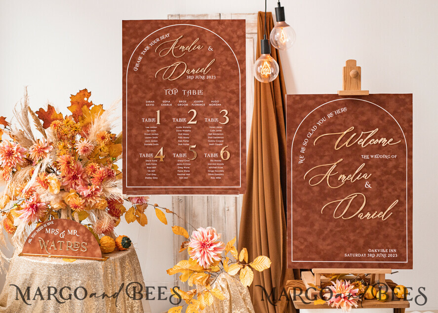 TABLE PLANS AND WEDDING WELCOME SIGNS plexi gold / velvet Fall Wedding Welcome Sign, Luxury Velvet Rust Wedding Welcome Sign, Golden Wedding Decor, Personalised Rust Wedding Sign, Wedding Reception Set, Autumn Welcome Wedding Board