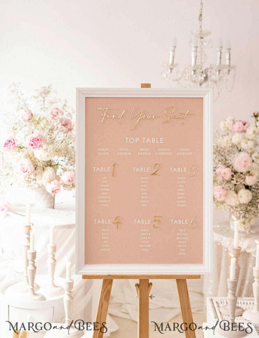 TABLE PLANS AND WEDDING WELCOME SIGNS plexi gold / velvet Blush and Gold Modern Acrylic Seating Chart, 3d Elegant Find Your Seat - Seating Plan , Wedding Table Plan in White Frame, Wedding Decoration with golden letters - Reception Signage - Custom Ceremony Sign BpPXSet