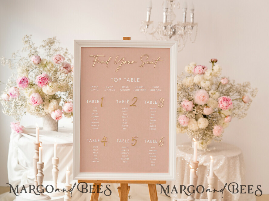 TABLE PLANS AND WEDDING WELCOME SIGNS plexi gold / velvet Blush and Gold Modern Acrylic Seating Chart, 3d Elegant Find Your Seat - Seating Plan , Wedding Table Plan in White Frame, Wedding Decoration with golden letters - Reception Signage - Custom Ceremony Sign BpPXSet