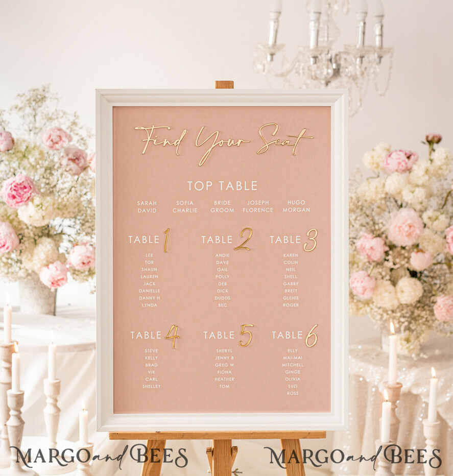 TABLE PLANS AND WEDDING WELCOME SIGNS plexi gold / velvet Blush and Gold Modern Acrylic Seating Chart, 3d Elegant Find Your Seat - Seating Plan , Wedding Table Plan in White Frame, Wedding Decoration with golden letters - Reception Signage - Custom Ceremony Sign BpPXSet