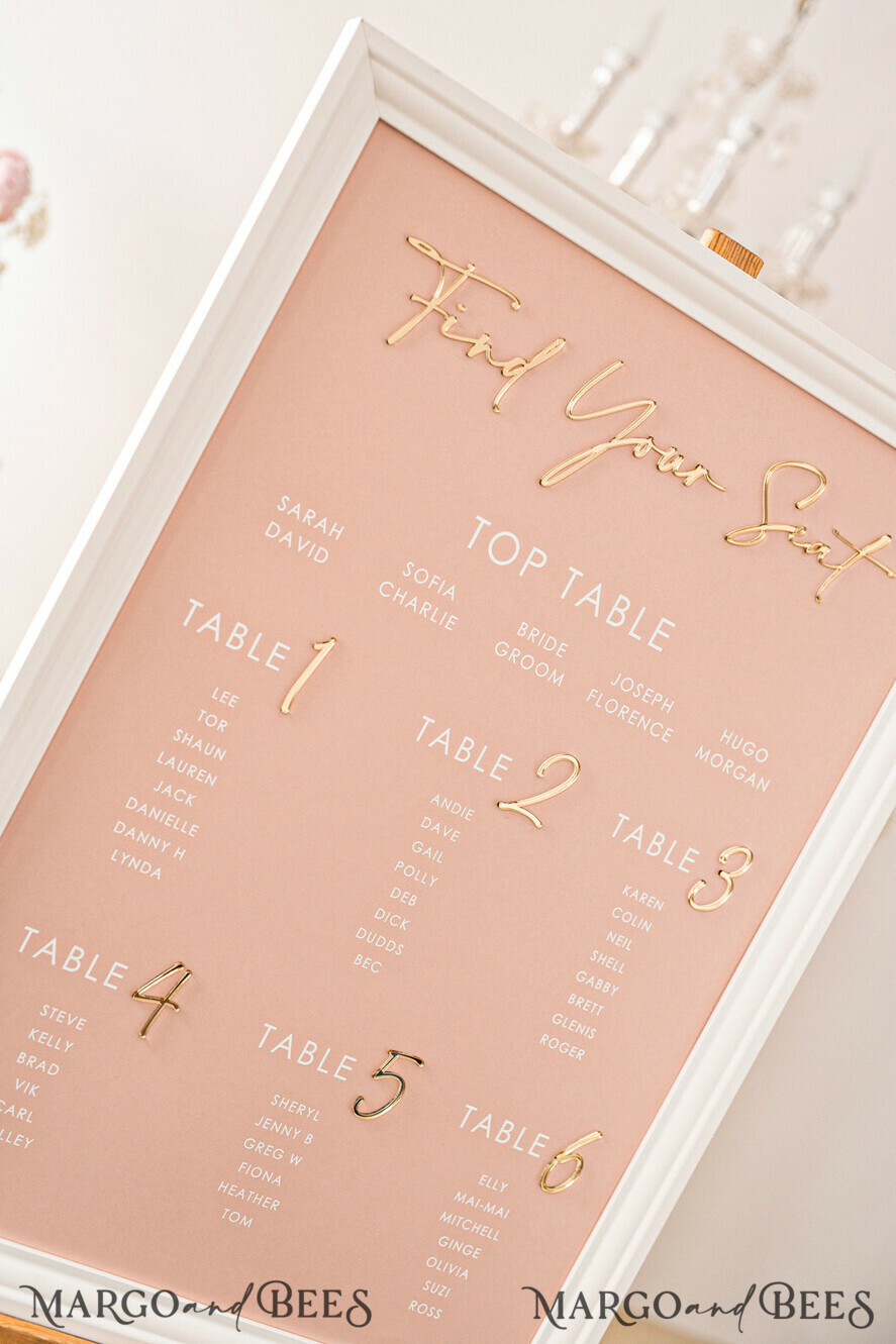 TABLE PLANS AND WEDDING WELCOME SIGNS plexi gold / velvet Blush and Gold Modern Acrylic Seating Chart, 3d Elegant Find Your Seat - Seating Plan , Wedding Table Plan in White Frame, Wedding Decoration with golden letters - Reception Signage - Custom Ceremony Sign BpPXSet