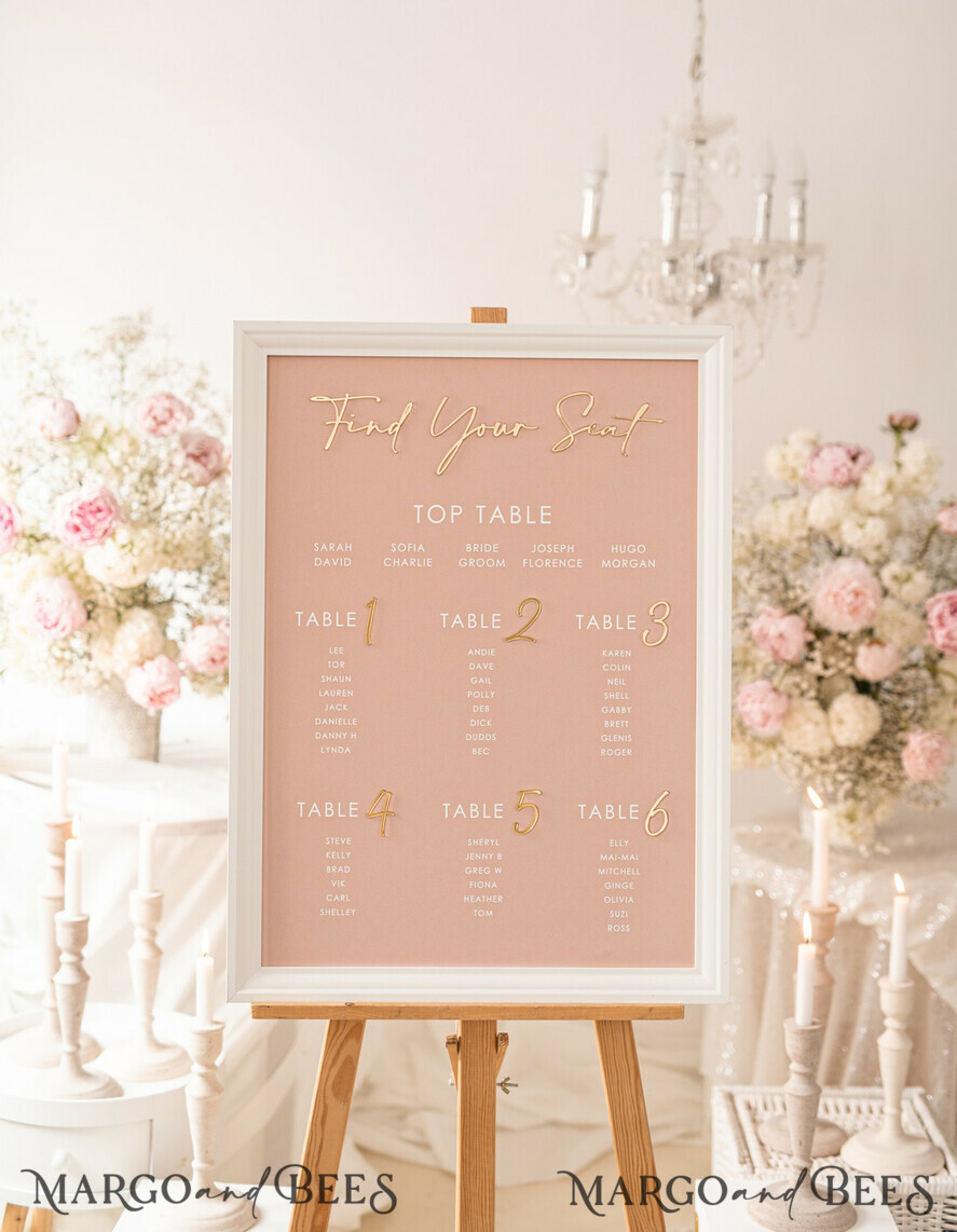 TABLE PLANS AND WEDDING WELCOME SIGNS plexi gold / velvet Blush and Gold Modern Acrylic Seating Chart, 3d Elegant Find Your Seat - Seating Plan , Wedding Table Plan in White Frame, Wedding Decoration with golden letters - Reception Signage - Custom Ceremony Sign BpPXSet