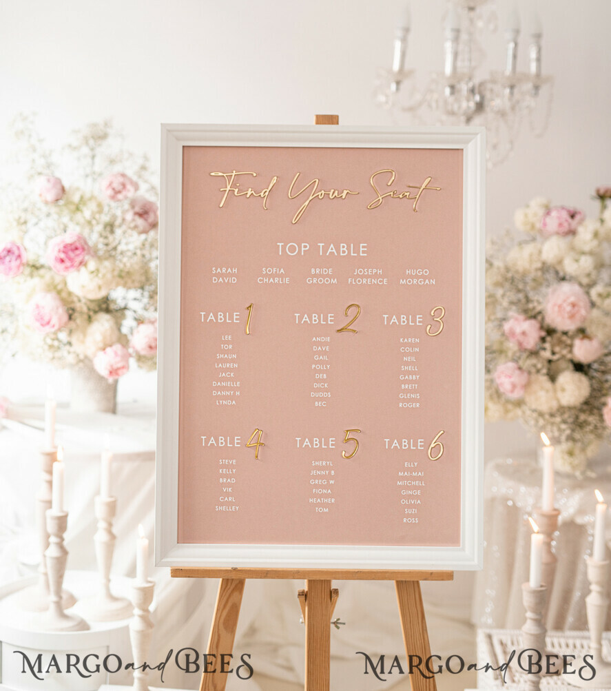 TABLE PLANS AND WEDDING WELCOME SIGNS plexi gold / velvet Blush and Gold Modern Acrylic Seating Chart, 3d Elegant Find Your Seat - Seating Plan , Wedding Table Plan in White Frame, Wedding Decoration with golden letters - Reception Signage - Custom Ceremony Sign BpPXSet