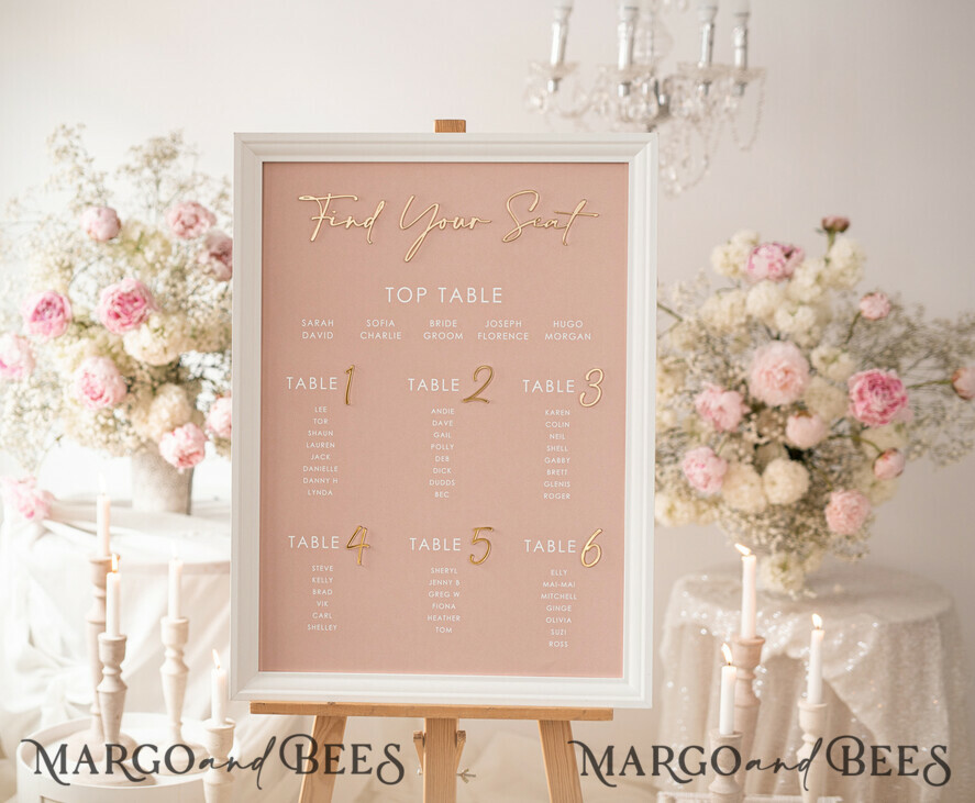 TABLE PLANS AND WEDDING WELCOME SIGNS plexi gold / velvet Blush and Gold Modern Acrylic Seating Chart, 3d Elegant Find Your Seat - Seating Plan , Wedding Table Plan in White Frame, Wedding Decoration with golden letters - Reception Signage - Custom Ceremony Sign BpPXSet
