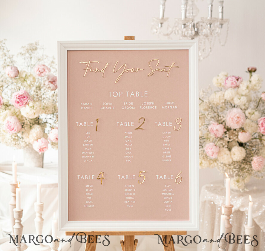 TABLE PLANS AND WEDDING WELCOME SIGNS plexi gold / velvet Blush and Gold Modern Acrylic Seating Chart, 3d Elegant Find Your Seat - Seating Plan , Wedding Table Plan in White Frame, Wedding Decoration with golden letters - Reception Signage - Custom Ceremony Sign BpPXSet