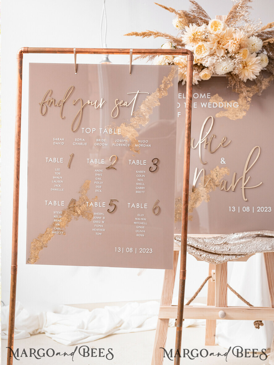 TABLE PLANS AND WEDDING WELCOME SIGNS plexi gold / velvet Elegant Clear wedding Set acrylic Find your seat , Personalized Wedding Beige Table Plan, acrylic clear Tan transparent and Gold Modern clear transparent Seating Chart, 3d Elegant Find Your Seat - Seating Plan , Golden Luxury Wedding Table Plan, Wedding Decoration with golden letters - Golden Reception Signage - Custom Tan Ceremony Sign
