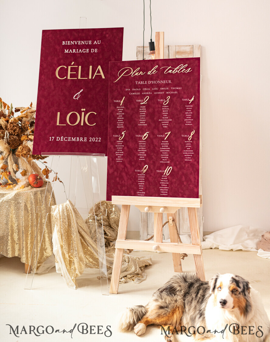 TABLE PLANS AND WEDDING WELCOME SIGNS plexi gold / velvet Burgundy Wedding Table Plan, Maroon velvet and Gold Modern Seating Chart, 3d Elegant Find Your Seat Seating Plan , Luxury Wedding Table Plan, Wedding Decoration with golden letters Marsala Golden Reception Signage Red Custom Ceremony Sign
