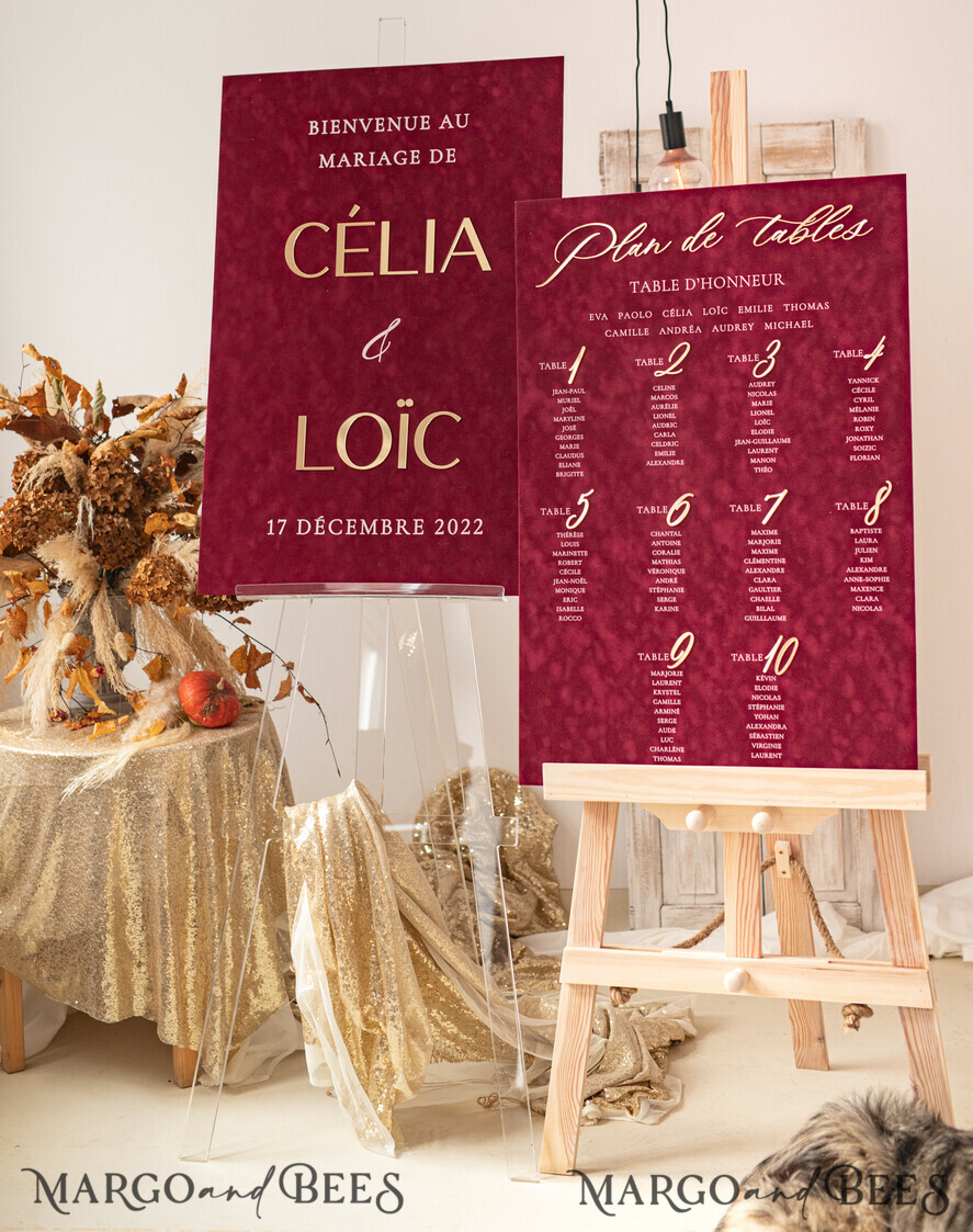 TABLE PLANS AND WEDDING WELCOME SIGNS plexi gold / velvet Burgundy Wedding Table Plan, Maroon velvet and Gold Modern Seating Chart, 3d Elegant Find Your Seat Seating Plan , Luxury Wedding Table Plan, Wedding Decoration with golden letters Marsala Golden Reception Signage Red Custom Ceremony Sign