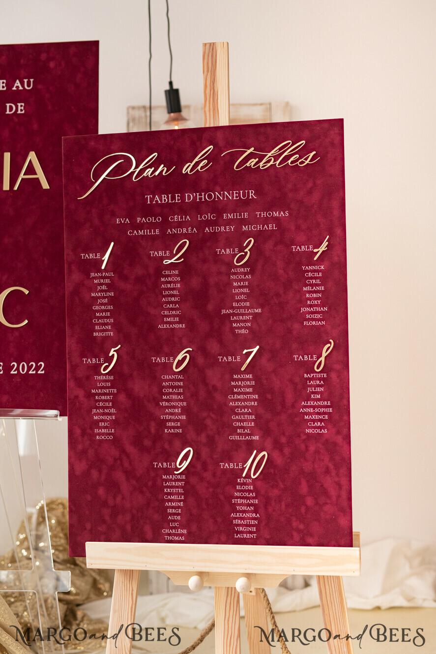 TABLE PLANS AND WEDDING WELCOME SIGNS plexi gold / velvet Burgundy Wedding Table Plan, Maroon velvet and Gold Modern Seating Chart, 3d Elegant Find Your Seat Seating Plan , Luxury Wedding Table Plan, Wedding Decoration with golden letters Marsala Golden Reception Signage Red Custom Ceremony Sign