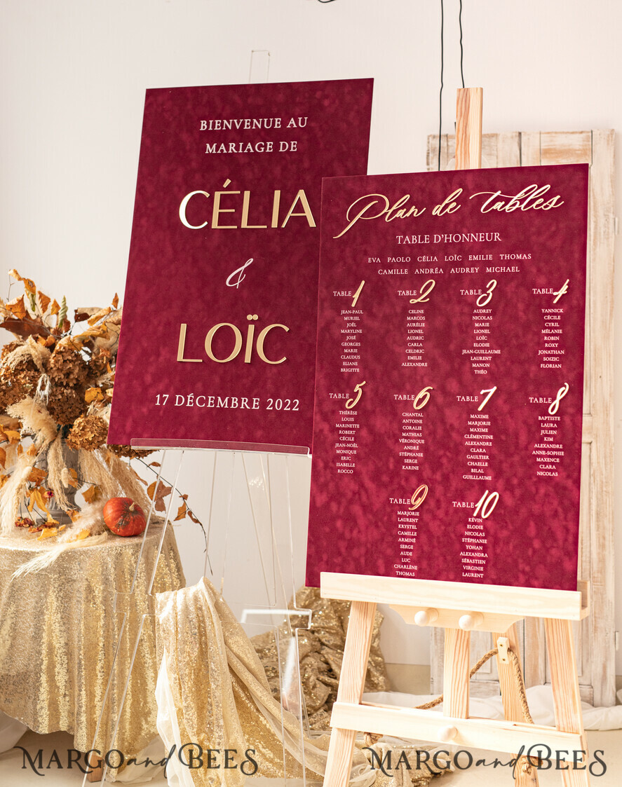 TABLE PLANS AND WEDDING WELCOME SIGNS plexi gold / velvet Burgundy Wedding Table Plan, Maroon velvet and Gold Modern Seating Chart, 3d Elegant Find Your Seat Seating Plan , Luxury Wedding Table Plan, Wedding Decoration with golden letters Marsala Golden Reception Signage Red Custom Ceremony Sign