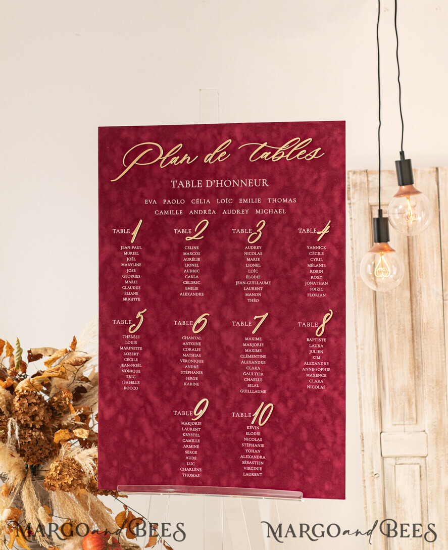 TABLE PLANS AND WEDDING WELCOME SIGNS plexi gold / velvet Burgundy Wedding Table Plan, Maroon velvet and Gold Modern Seating Chart, 3d Elegant Find Your Seat Seating Plan , Luxury Wedding Table Plan, Wedding Decoration with golden letters Marsala Golden Reception Signage Red Custom Ceremony Sign