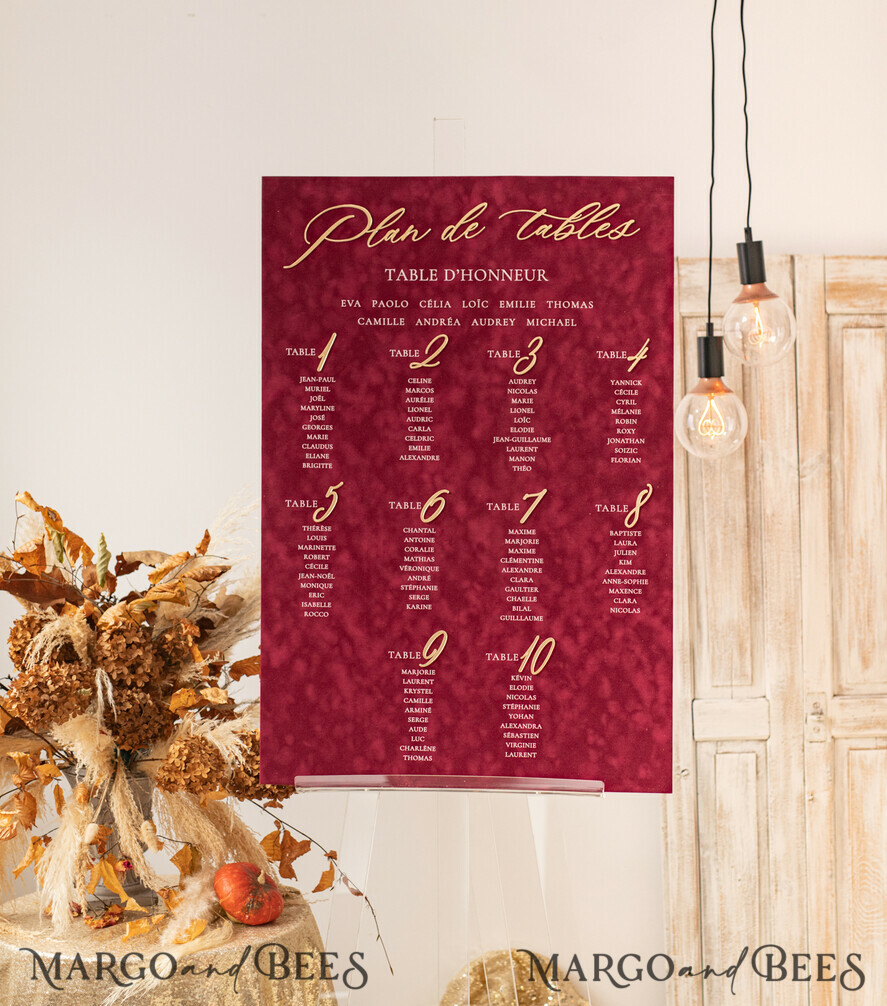 TABLE PLANS AND WEDDING WELCOME SIGNS plexi gold / velvet Burgundy Wedding Table Plan, Maroon velvet and Gold Modern Seating Chart, 3d Elegant Find Your Seat Seating Plan , Luxury Wedding Table Plan, Wedding Decoration with golden letters Marsala Golden Reception Signage Red Custom Ceremony Sign