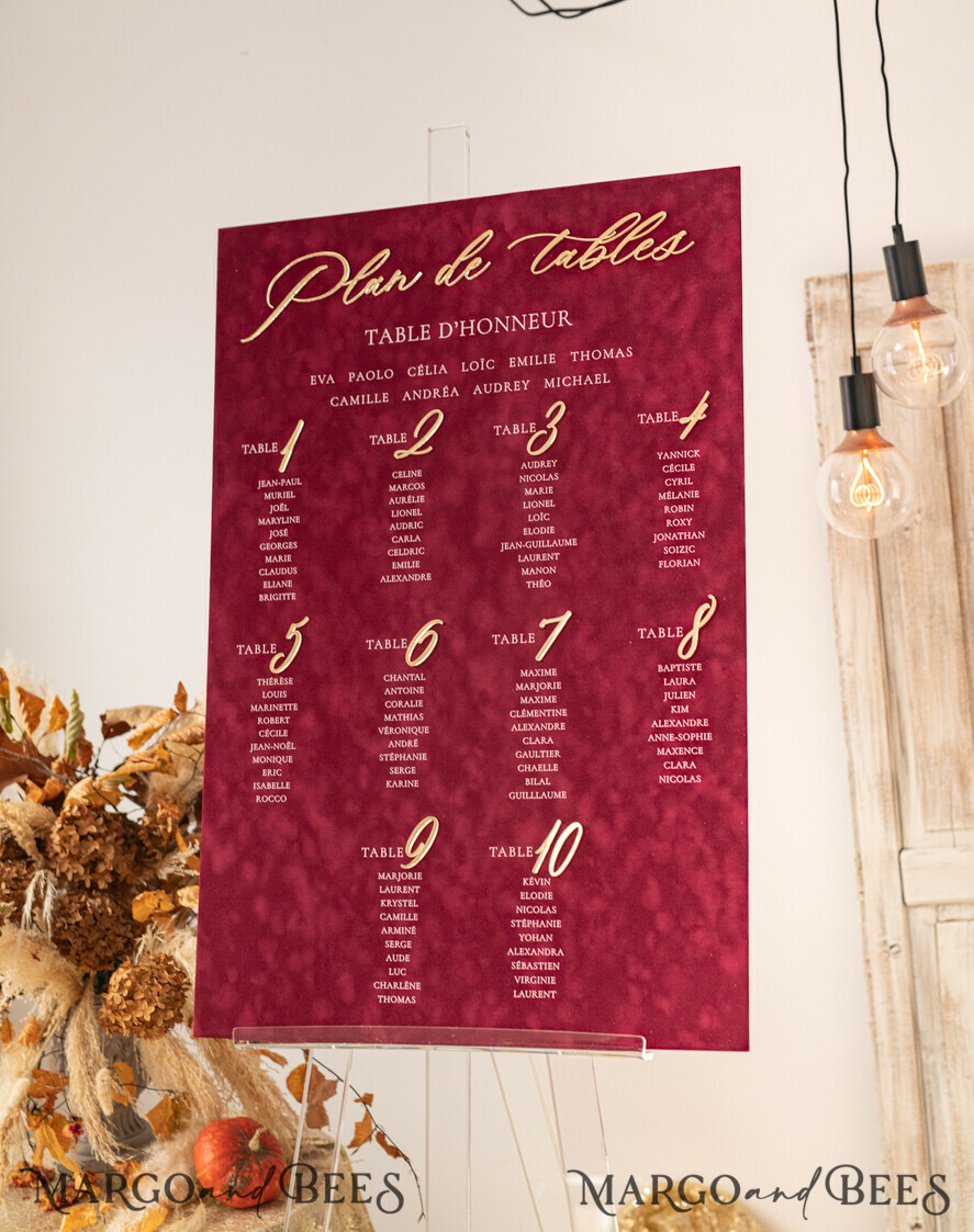 TABLE PLANS AND WEDDING WELCOME SIGNS plexi gold / velvet Burgundy Wedding Table Plan, Maroon velvet and Gold Modern Seating Chart, 3d Elegant Find Your Seat Seating Plan , Luxury Wedding Table Plan, Wedding Decoration with golden letters Marsala Golden Reception Signage Red Custom Ceremony Sign