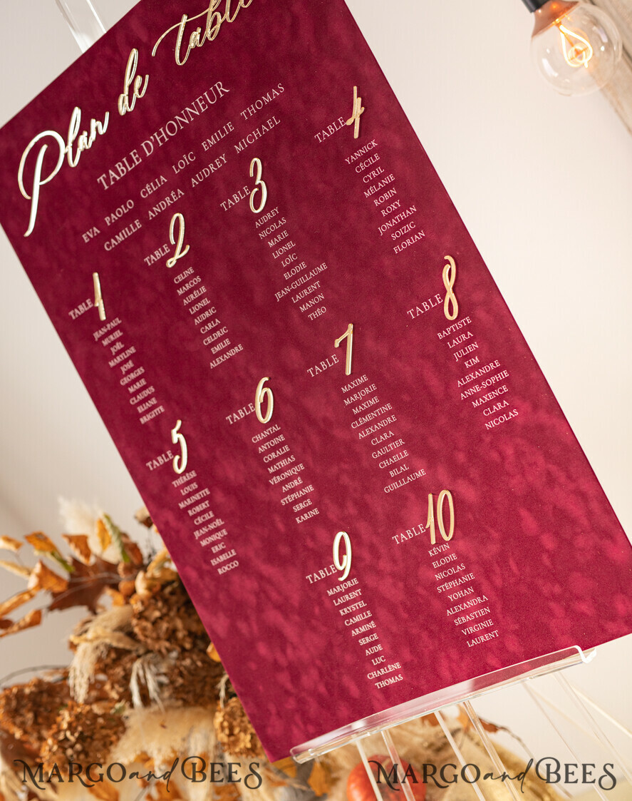 TABLE PLANS AND WEDDING WELCOME SIGNS plexi gold / velvet Burgundy Wedding Table Plan, Maroon velvet and Gold Modern Seating Chart, 3d Elegant Find Your Seat Seating Plan , Luxury Wedding Table Plan, Wedding Decoration with golden letters Marsala Golden Reception Signage Red Custom Ceremony Sign