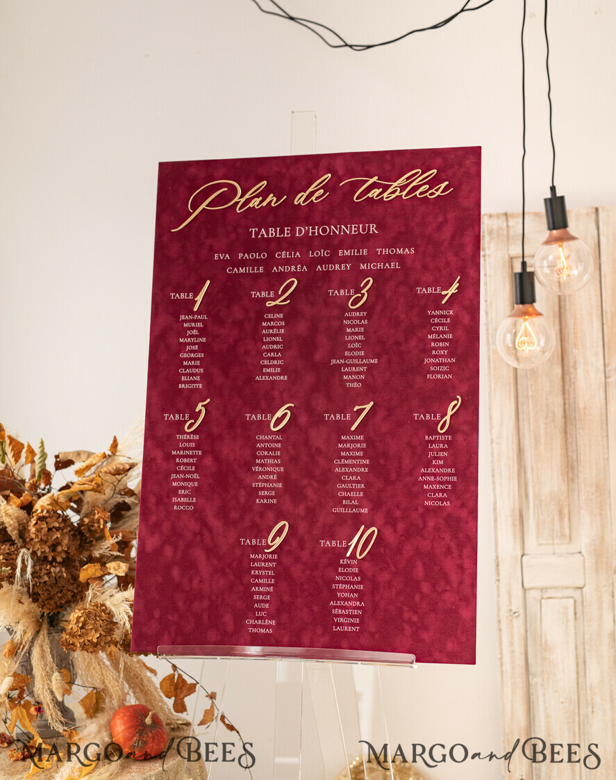 TABLE PLANS AND WEDDING WELCOME SIGNS plexi gold / velvet Burgundy Wedding Table Plan, Maroon velvet and Gold Modern Seating Chart, 3d Elegant Find Your Seat Seating Plan , Luxury Wedding Table Plan, Wedding Decoration with golden letters Marsala Golden Reception Signage Red Custom Ceremony Sign