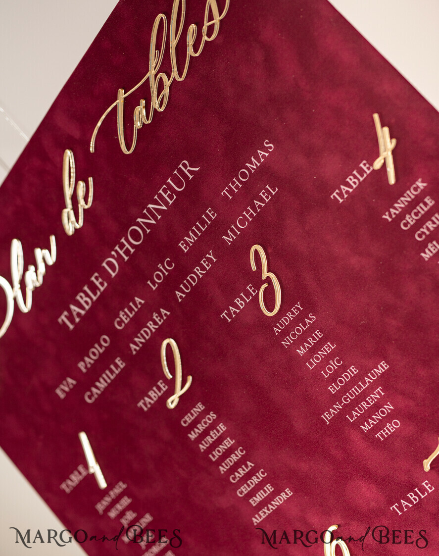 TABLE PLANS AND WEDDING WELCOME SIGNS plexi gold / velvet Burgundy Wedding Table Plan, Maroon velvet and Gold Modern Seating Chart, 3d Elegant Find Your Seat Seating Plan , Luxury Wedding Table Plan, Wedding Decoration with golden letters Marsala Golden Reception Signage Red Custom Ceremony Sign