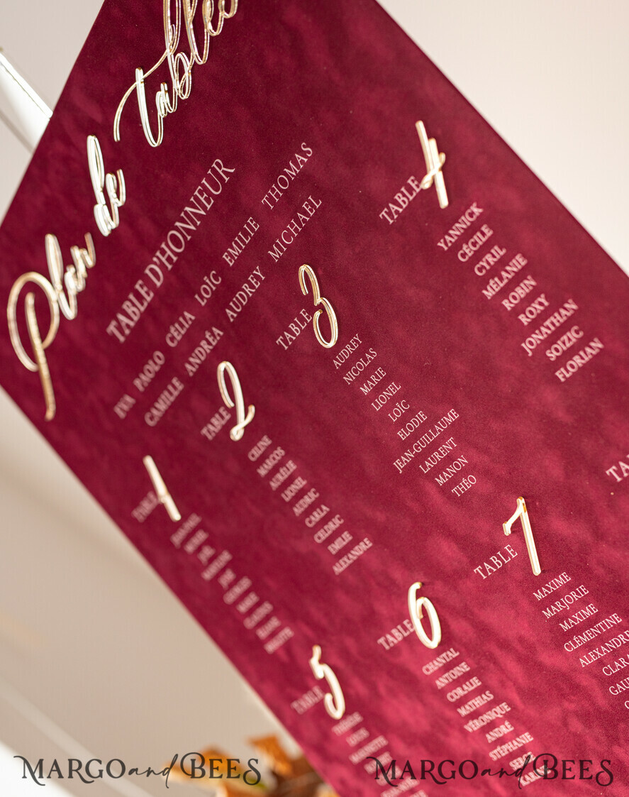 TABLE PLANS AND WEDDING WELCOME SIGNS plexi gold / velvet Burgundy Wedding Table Plan, Maroon velvet and Gold Modern Seating Chart, 3d Elegant Find Your Seat Seating Plan , Luxury Wedding Table Plan, Wedding Decoration with golden letters Marsala Golden Reception Signage Red Custom Ceremony Sign