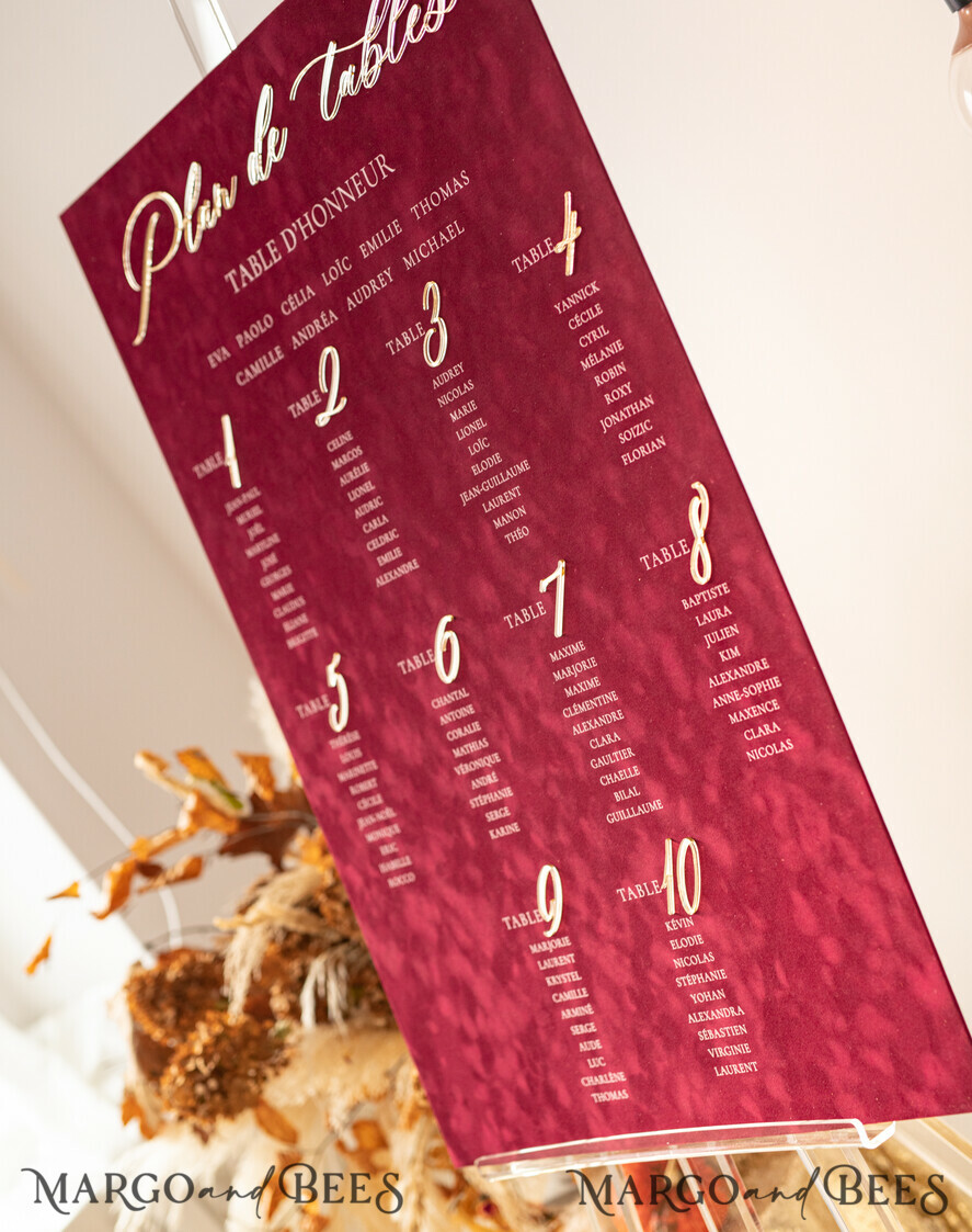 TABLE PLANS AND WEDDING WELCOME SIGNS plexi gold / velvet Burgundy Wedding Table Plan, Maroon velvet and Gold Modern Seating Chart, 3d Elegant Find Your Seat Seating Plan , Luxury Wedding Table Plan, Wedding Decoration with golden letters Marsala Golden Reception Signage Red Custom Ceremony Sign
