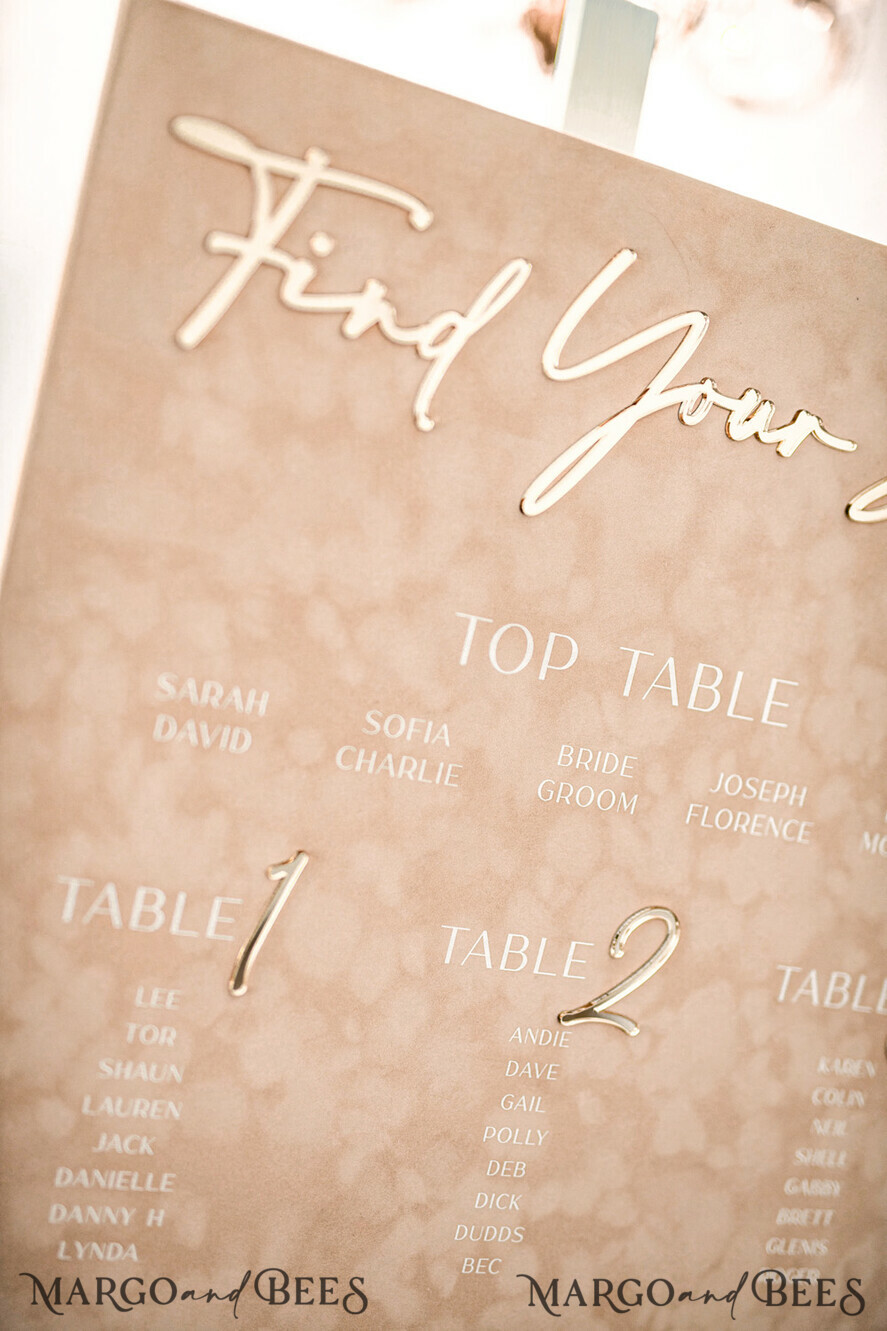 TABLE PLANS AND WEDDING WELCOME SIGNS plexi gold / velvet beige velvet and Gold Modern velvet Seating Chart, 3d Elegant Find Your Seat - Seating Plan , Luxury Wedding Table Plan, Wedding Decoration with golden letters - Golden Reception Signage - Custom Ceremony Sign