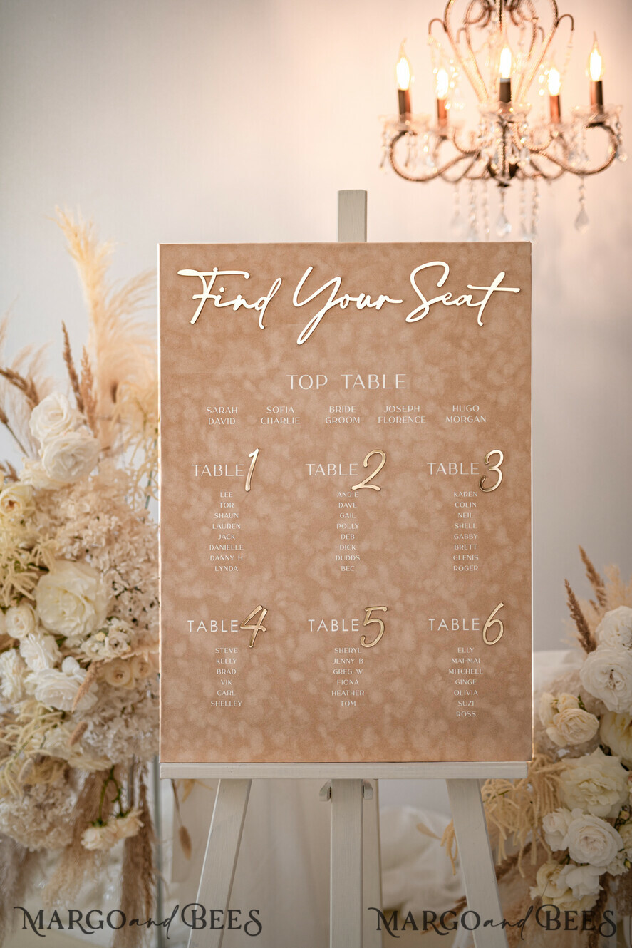TABLE PLANS AND WEDDING WELCOME SIGNS plexi gold / velvet beige velvet and Gold Modern velvet Seating Chart, 3d Elegant Find Your Seat - Seating Plan , Luxury Wedding Table Plan, Wedding Decoration with golden letters - Golden Reception Signage - Custom Ceremony Sign