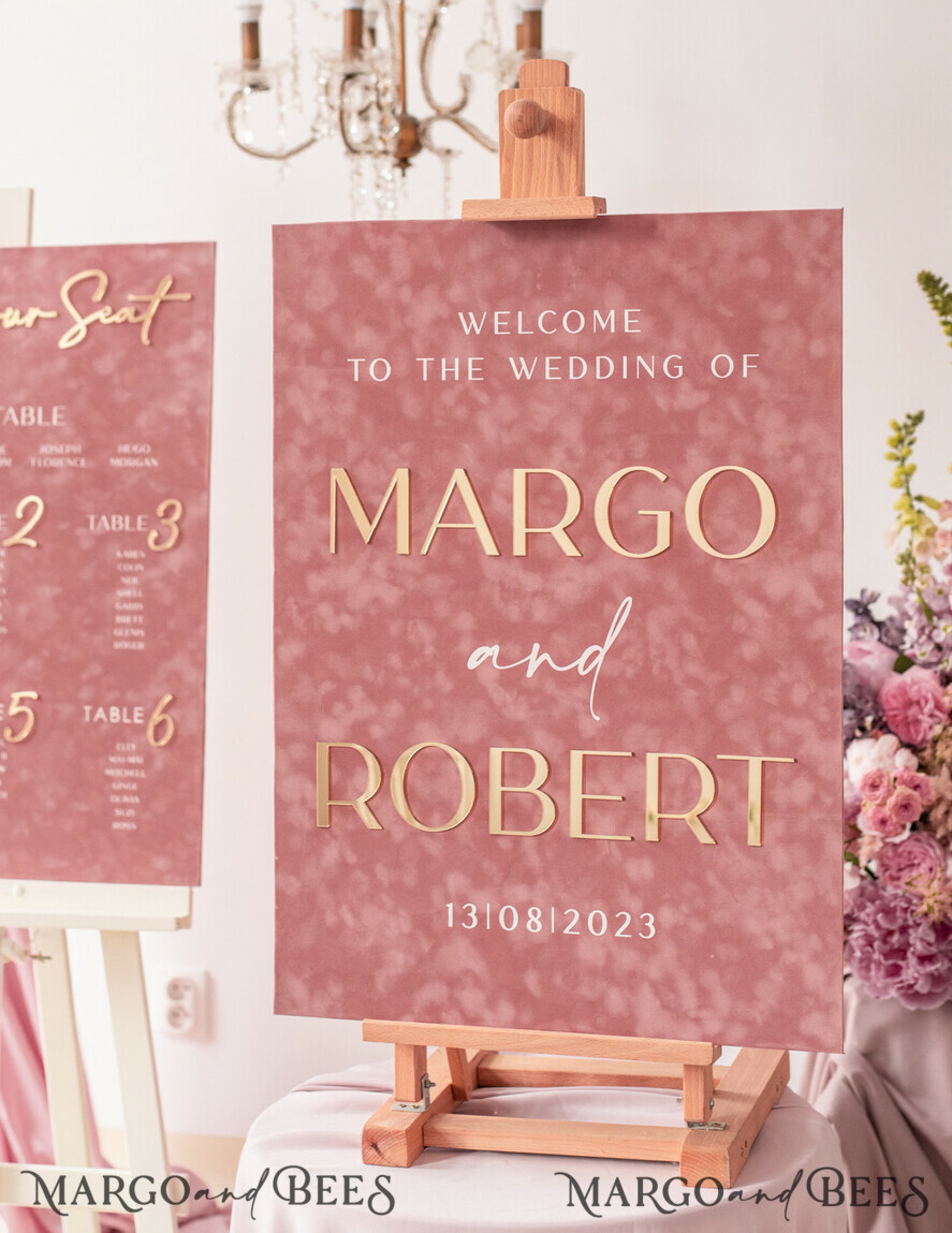 TABLE PLANS AND WEDDING WELCOME SIGNS plexi gold / velvet Luxury Velvet blush pink Wedding Welcome Sign, Golden Wedding Decor, Personalised Wedding Sign, Wedding Gift, Welcome Wedding Board BpPXSet