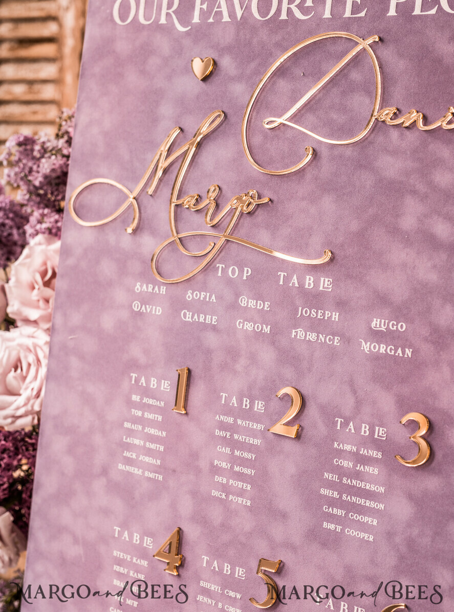 TABLE PLANS AND WEDDING WELCOME SIGNS plexi gold / velvet mauve velvet & Gold Modern velvet Seating Chart, Purple 3d Elegant Find Your Seat, Dusty Rose Seating Plan, Lillac Luxury Wedding Table Plan, Wedding Decoration with golden letters