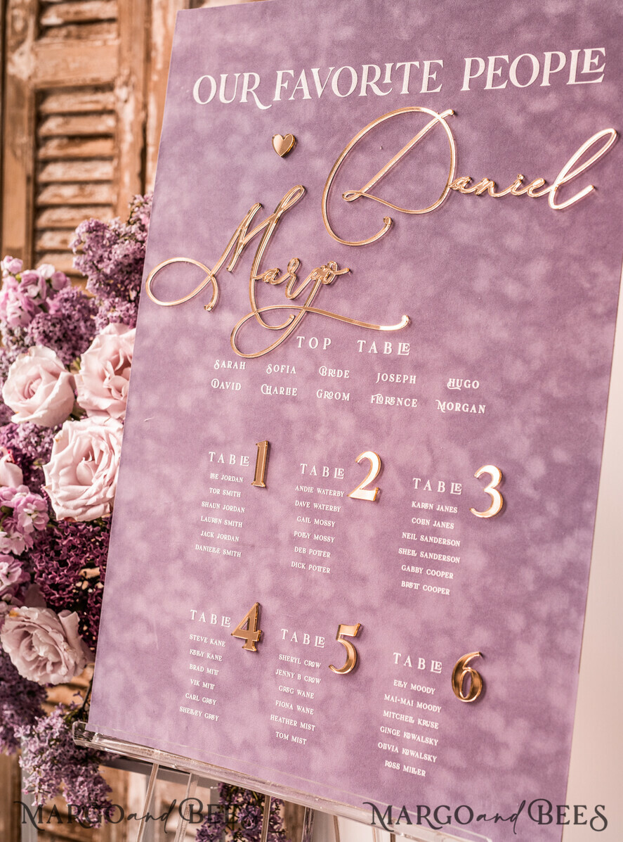 TABLE PLANS AND WEDDING WELCOME SIGNS plexi gold / velvet mauve velvet & Gold Modern velvet Seating Chart, Purple 3d Elegant Find Your Seat, Dusty Rose Seating Plan, Lillac Luxury Wedding Table Plan, Wedding Decoration with golden letters