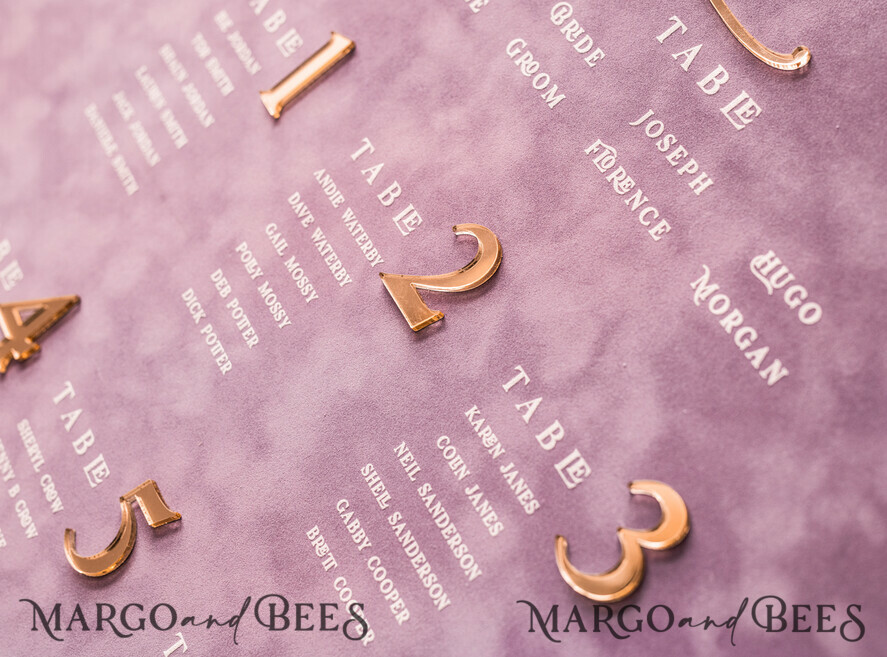 TABLE PLANS AND WEDDING WELCOME SIGNS plexi gold / velvet mauve velvet & Gold Modern velvet Seating Chart, Purple 3d Elegant Find Your Seat, Dusty Rose Seating Plan, Lillac Luxury Wedding Table Plan, Wedding Decoration with golden letters