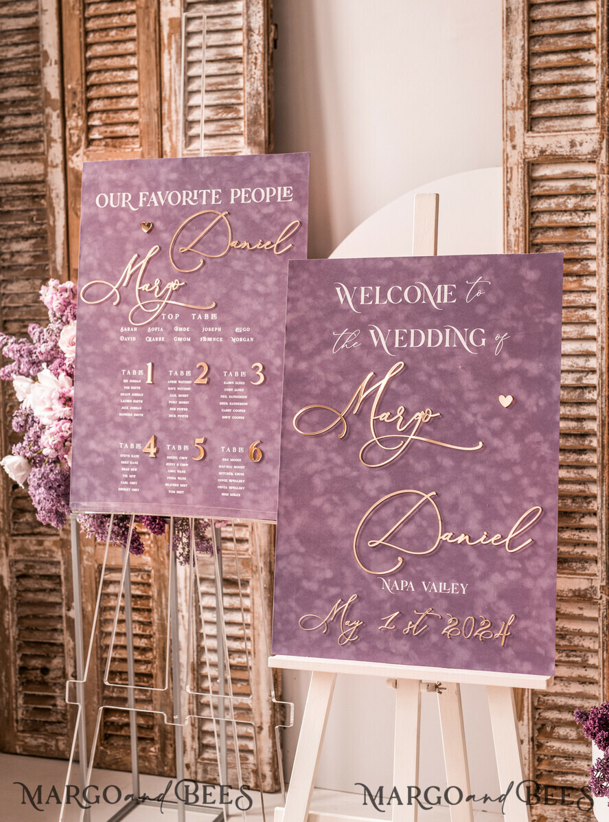 TABLE PLANS AND WEDDING WELCOME SIGNS plexi gold / velvet mauve velvet & Gold Modern velvet Seating Chart, Purple 3d Elegant Find Your Seat, Dusty Rose Seating Plan, Lillac Luxury Wedding Table Plan, Wedding Decoration with golden letters