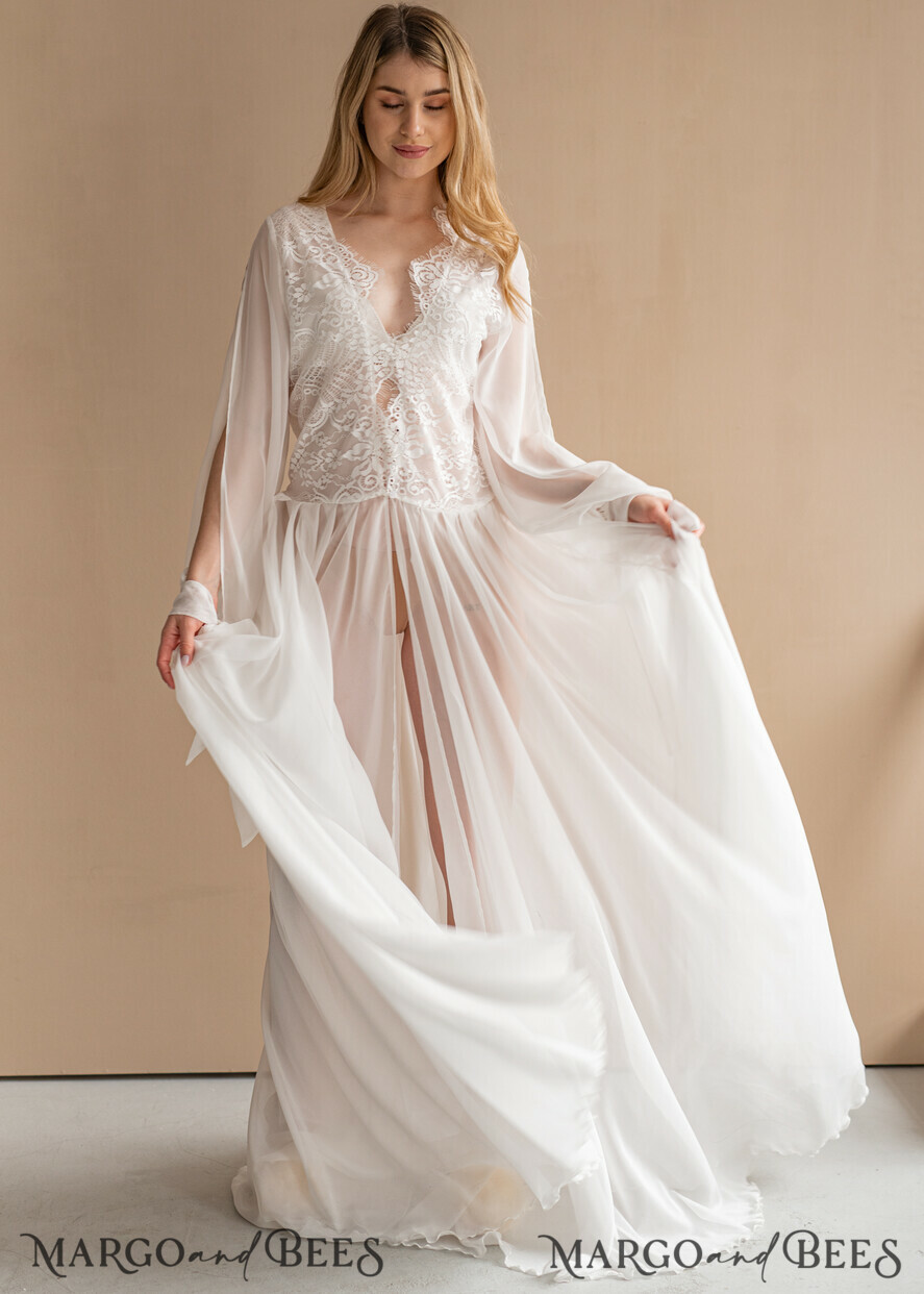BRIDE bolero, robes, garter Bridal Robes Silk Muslin Robe for Bride, Long Lace Bridal robe for wedding with wide open sleeves, Silk Bride robe Long white robe Satin silk boudoir robe Dressing gown Bridesmaid gift