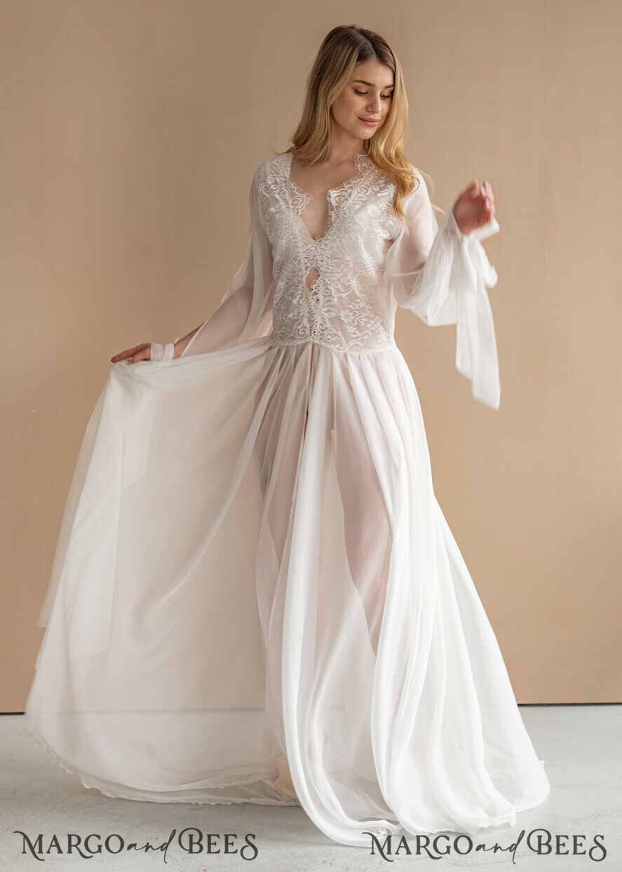BRIDE bolero, robes, garter Bridal Robes Silk Muslin Robe for Bride, Long Lace Bridal robe for wedding with wide open sleeves, Silk Bride robe Long white robe Satin silk boudoir robe Dressing gown Bridesmaid gift