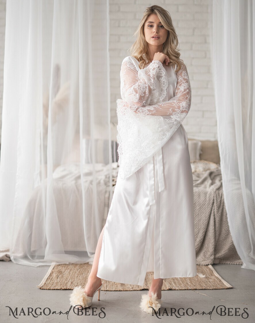 BRIDE bolero, robes, garter Bridal Robes Personalised Satin Robes, Luxury Bride Dressing Gowns, Sexy Lace sleeves Wedding Robes, Get Ready Bridal Robes with name on it, Hen Party Lace Silk Robes