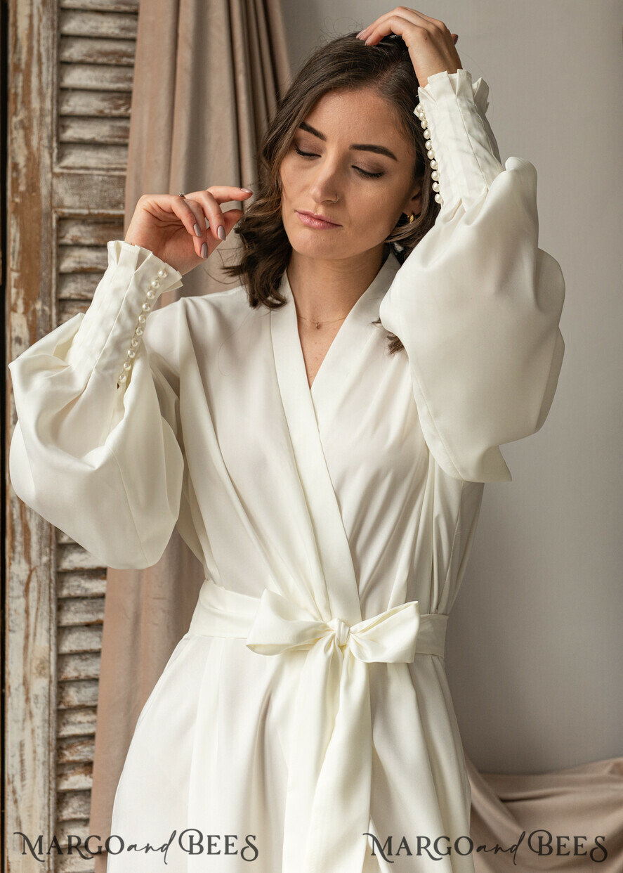 BRIDE bolero, robes, garter Bridal Robes Bridal robe for wedding with bishop sleeves Bride robe Long white or Ivory robe Satin silk boudoir robe Dressing gown