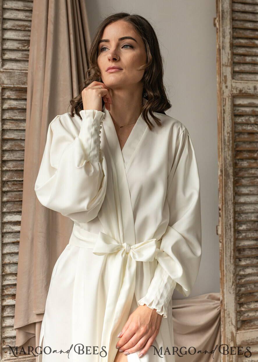 BRIDE bolero, robes, garter Bridal Robes Bridal robe for wedding with bishop sleeves Bride robe Long white or Ivory robe Satin silk boudoir robe Dressing gown