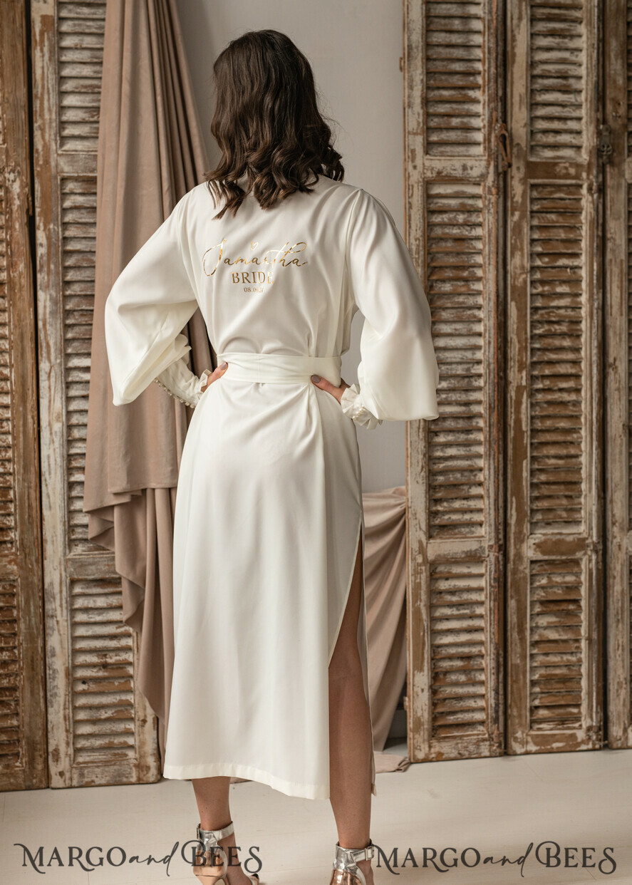 BRIDE bolero, robes, garter Bridal Robes Bridal robe for wedding with bishop sleeves Bride robe Long white or Ivory robe Satin silk boudoir robe Dressing gown
