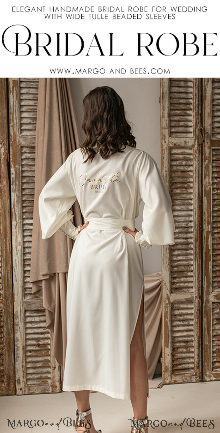 BRIDE bolero, robes, garter Bridal Robes Bridal robe for wedding with bishop sleeves Bride robe Long white or Ivory robe Satin silk boudoir robe Dressing gown