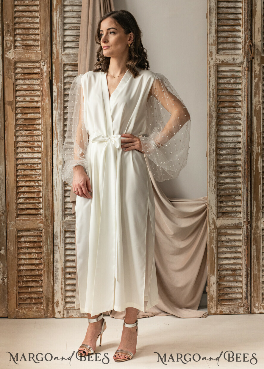 BRIDE bolero, robes, garter Bridal Robes Bridal robe for wedding with wide tulle beaded sleeves Bride robe Long white robe Satin silk tulle pearls boudoir robe Dressing gown Bridesmaid gift