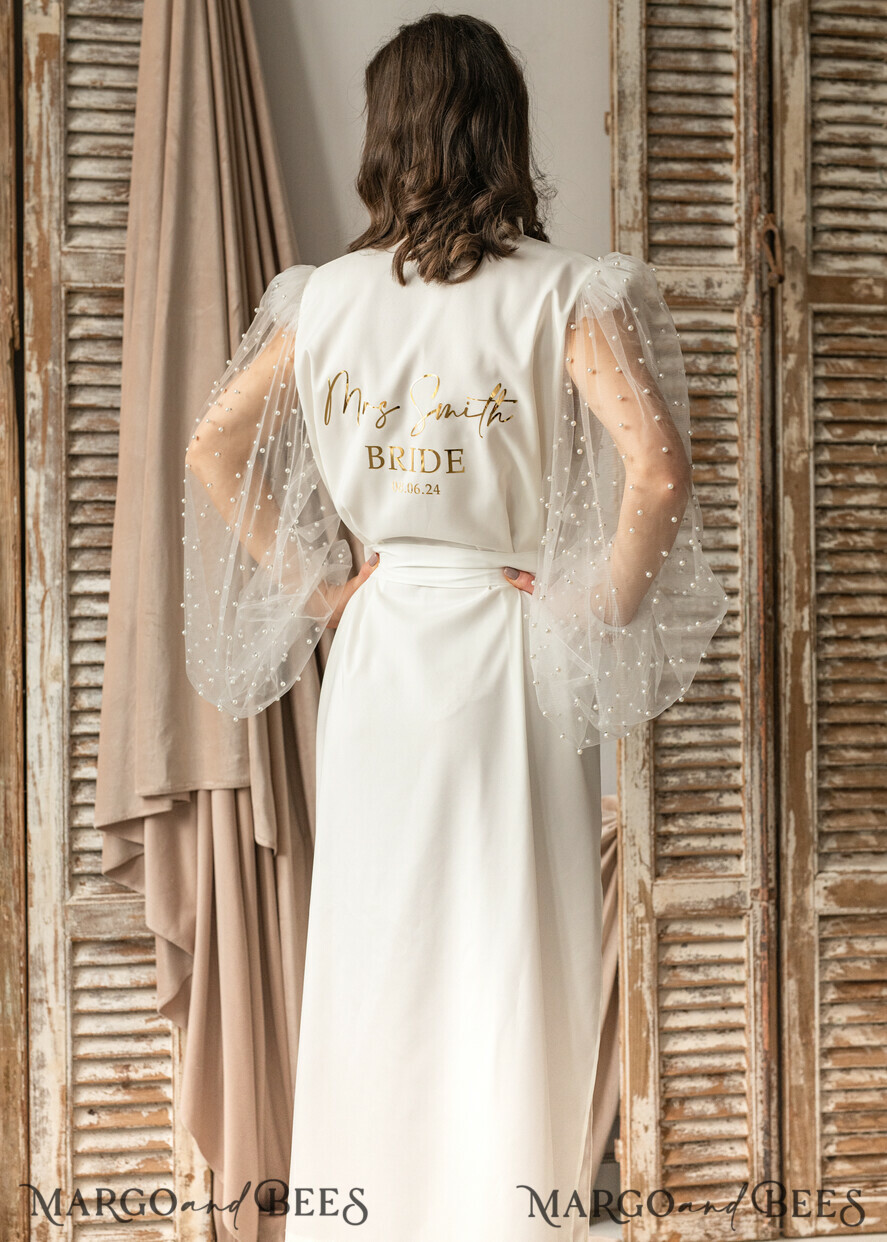 BRIDE bolero, robes, garter Bridal Robes Bridal robe for wedding with wide tulle beaded sleeves Bride robe Long white robe Satin silk tulle pearls boudoir robe Dressing gown Bridesmaid gift