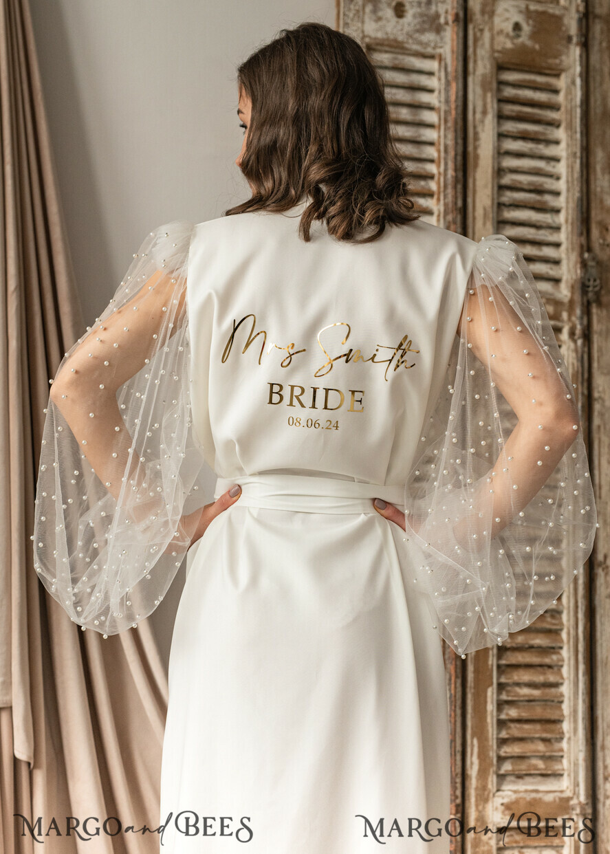BRIDE bolero, robes, garter Bridal Robes Bridal robe for wedding with wide tulle beaded sleeves Bride robe Long white robe Satin silk tulle pearls boudoir robe Dressing gown Bridesmaid gift