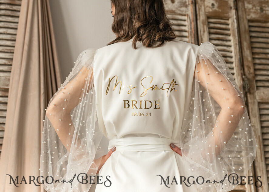 BRIDE bolero, robes, garter Bridal Robes Bridal robe for wedding with wide tulle beaded sleeves Bride robe Long white robe Satin silk tulle pearls boudoir robe Dressing gown Bridesmaid gift