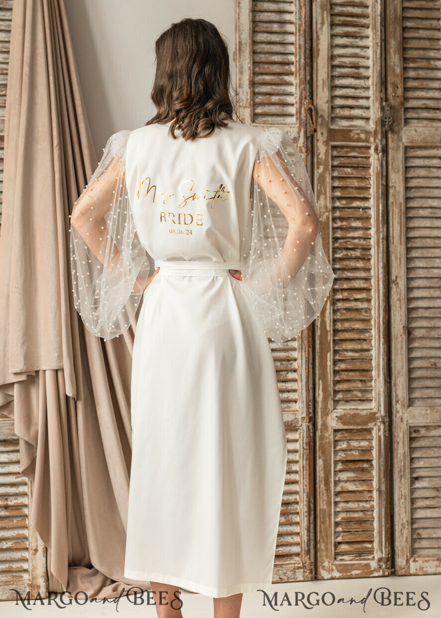 BRIDE bolero, robes, garter Bridal Robes Bridal robe for wedding with wide tulle beaded sleeves Bride robe Long white robe Satin silk tulle pearls boudoir robe Dressing gown Bridesmaid gift