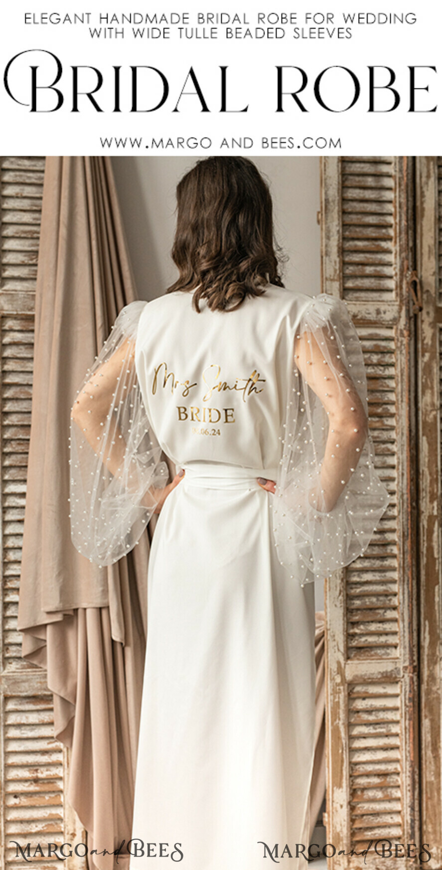 BRIDE bolero, robes, garter Bridal Robes Bridal robe for wedding with wide tulle beaded sleeves Bride robe Long white robe Satin silk tulle pearls boudoir robe Dressing gown Bridesmaid gift