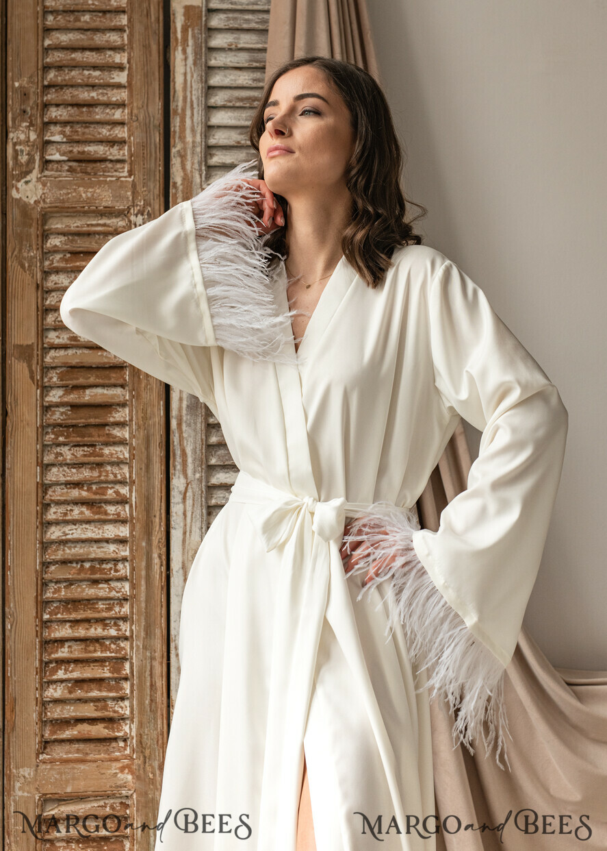 BRIDE bolero, robes, garter Bridal Robes Bridal robe for wedding with kimono feathers sleeves Bride robe Long white or Ivory robe Satin silk boudoir robe Dressing gown