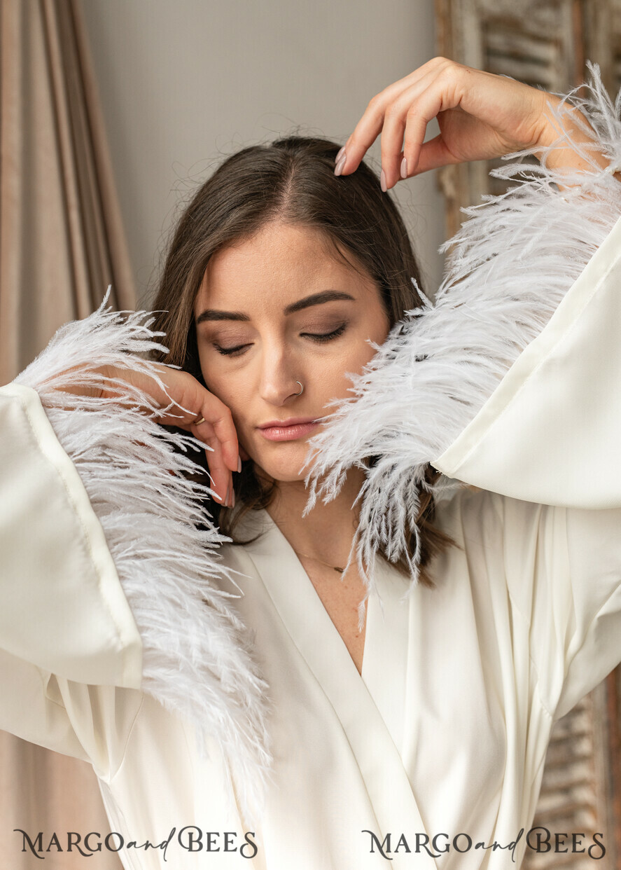 BRIDE bolero, robes, garter Bridal Robes Bridal robe for wedding with kimono feathers sleeves Bride robe Long white or Ivory robe Satin silk boudoir robe Dressing gown