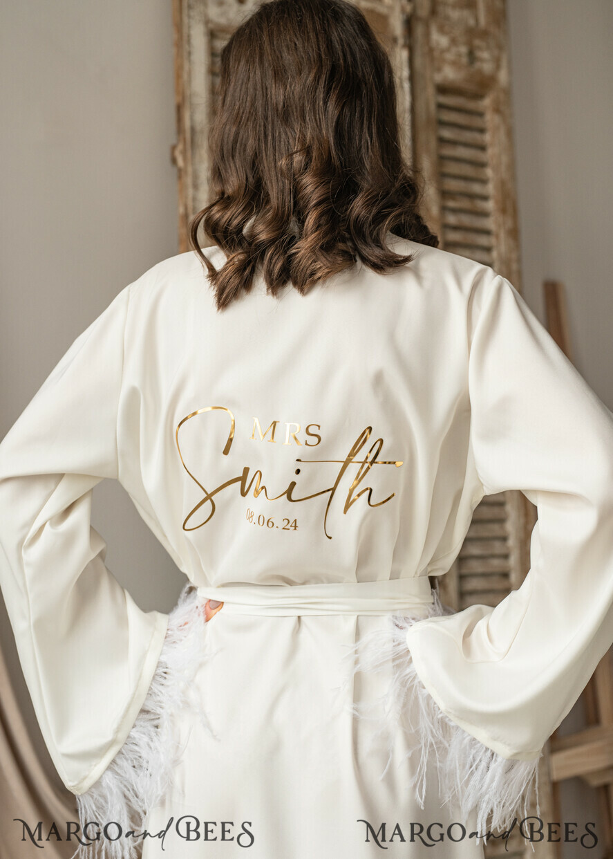 BRIDE bolero, robes, garter Bridal Robes Bridal robe for wedding with kimono feathers sleeves Bride robe Long white or Ivory robe Satin silk boudoir robe Dressing gown